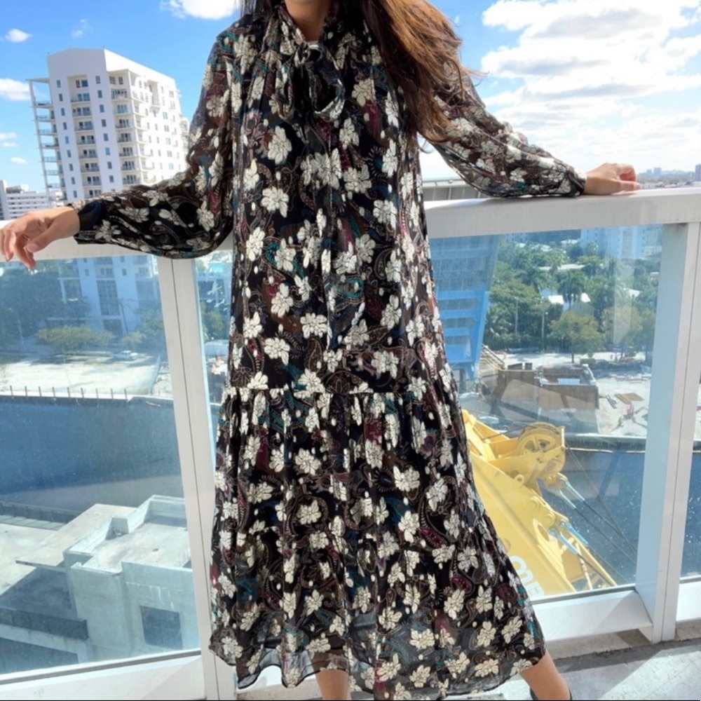 ZARA METALLIC THREAD PRINTED MAXI NECK TIE DRESS